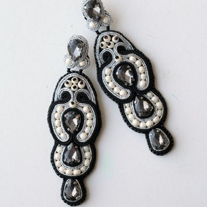 Black evening earrings with grey crystals, Luxurious lightweight long earrings made for elegant women image 7