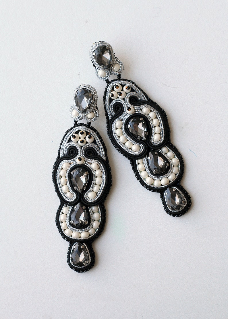 Black evening earrings with grey crystals, Luxurious lightweight long earrings made for elegant women image 7
