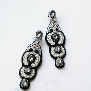 Black evening earrings with grey crystals, Luxurious lightweight long earrings made for elegant women image 9