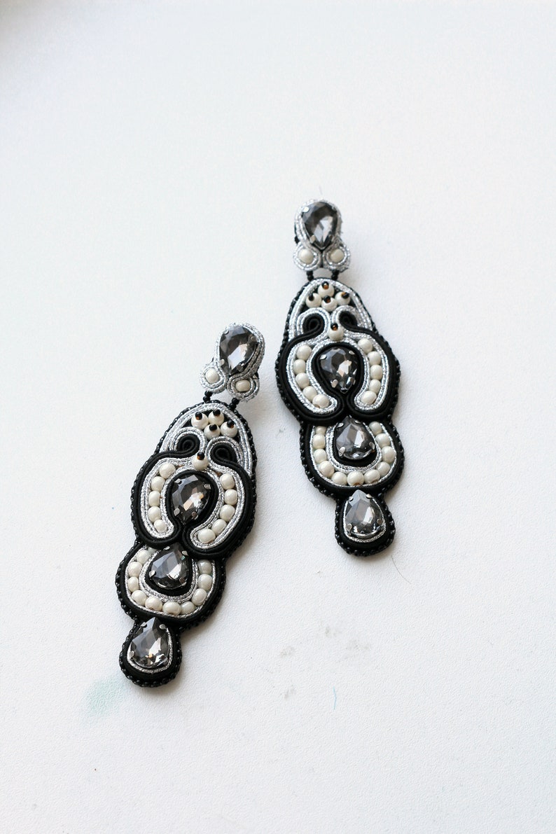 Black evening earrings with grey crystals, Luxurious lightweight long earrings made for elegant women image 9