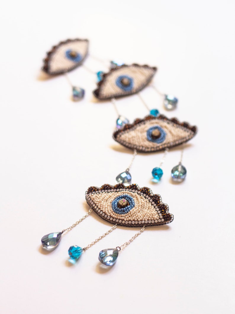 Teary eye brooch with crystals / Avant garde eye brooch inspired from Dali surrealism jewelry / Bead embroidered Abstract crying eye pin image 4