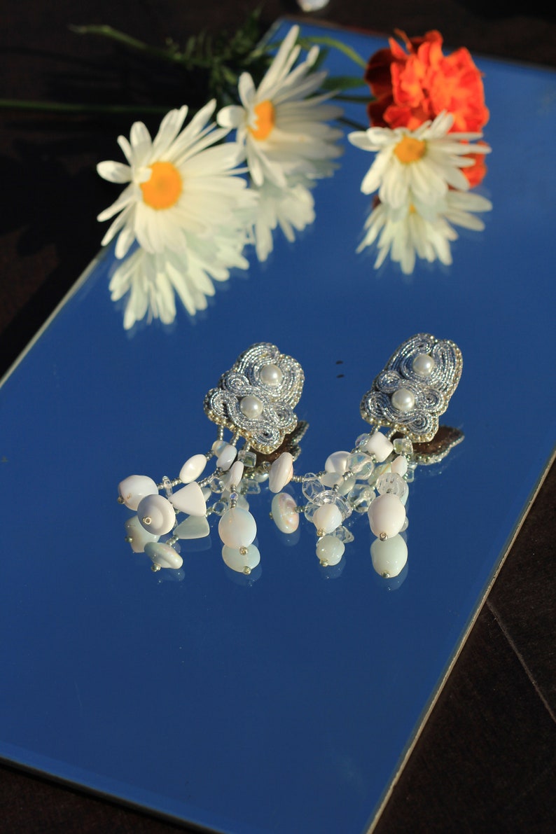 Soutache silver earrings ARGENTEO / Beaded long dangle earrings wedding / Silver color earrings handmade jewellery / Art earrings sotuache image 4