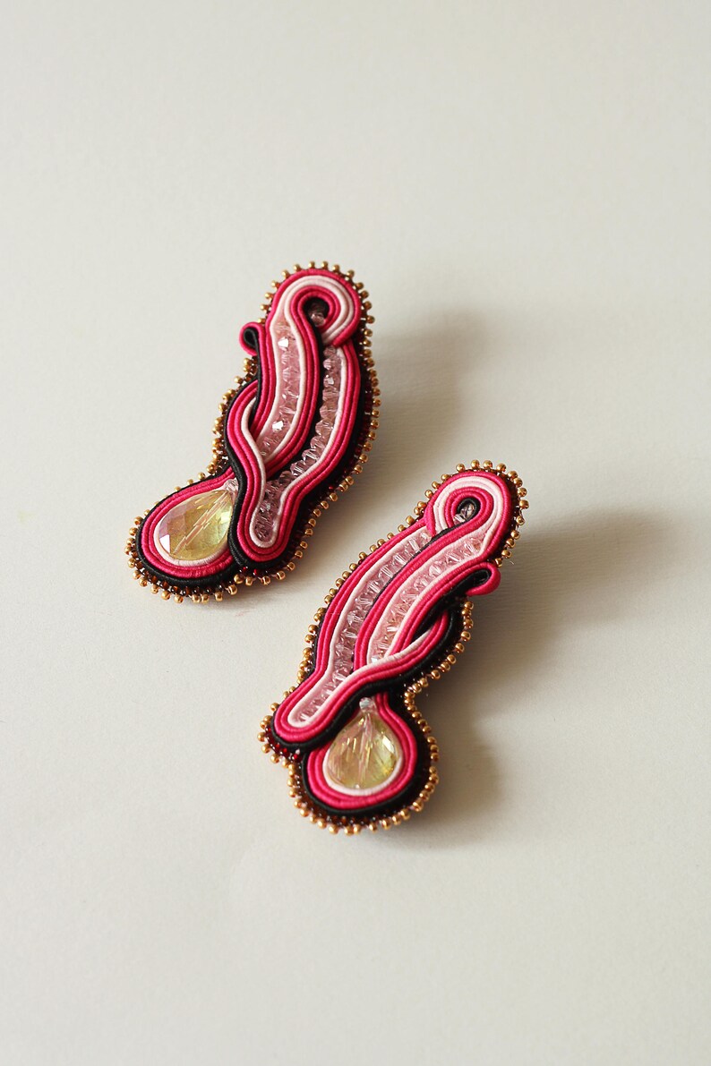 Hot pink earrings soutache / Crystal beach party earrings / Handmade stud long earrings / Unique fuchsia earrings / Large ohrringe soutache image 7