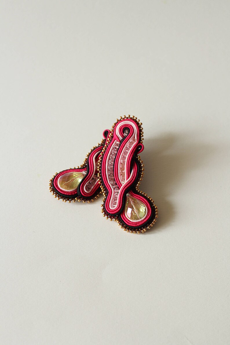 Hot pink earrings soutache / Crystal beach party earrings / Handmade stud long earrings / Unique fuchsia earrings / Large ohrringe soutache image 9