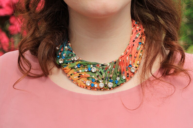 Silk Crystal Necklace PRATO / Embroidered Collar Necklace for Wedding