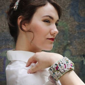 Silk Cuff Bracelet / Crystal Embroidered Bracelet Statement / Large Bracelet Bridal / Unconventional Wedding Jewelry / Soft Pink Bracelet image 3