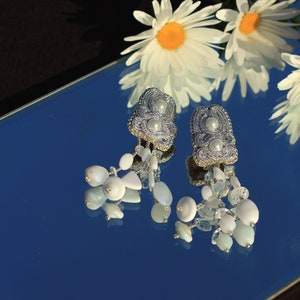 Soutache silver earrings ARGENTEO / Beaded long dangle earrings wedding / Silver color earrings handmade jewellery / Art earrings sotuache image 7