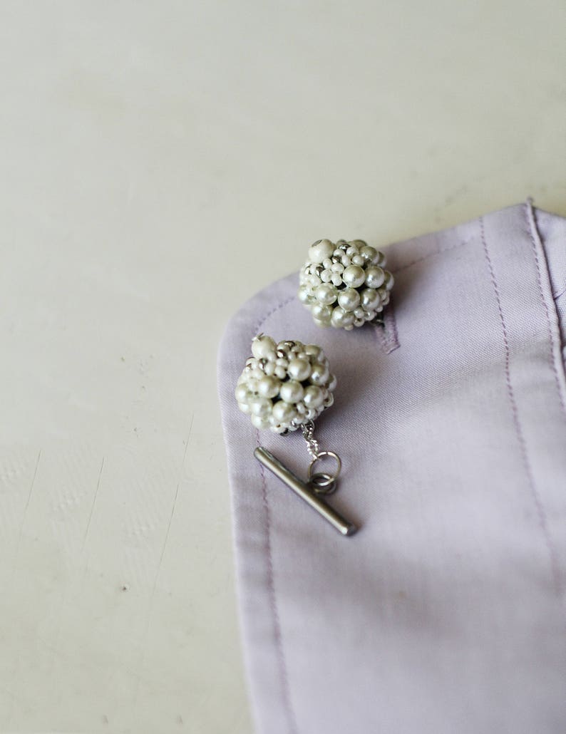 White Ball Cufflinks / Pearl wedding cufflinks / Wedding jewelry for men / Groom Accessories for him / Orante cufflinks for groom gifts image 2