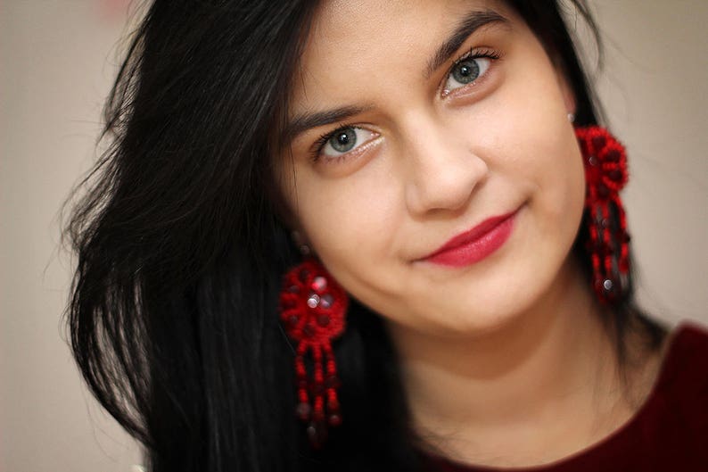 Red Boho Earrings Rouge Bijoux Fringe Earrings Long Boho Earrings Bead Jewellery Gifts for Bohemian Birthday gift for girlfriend