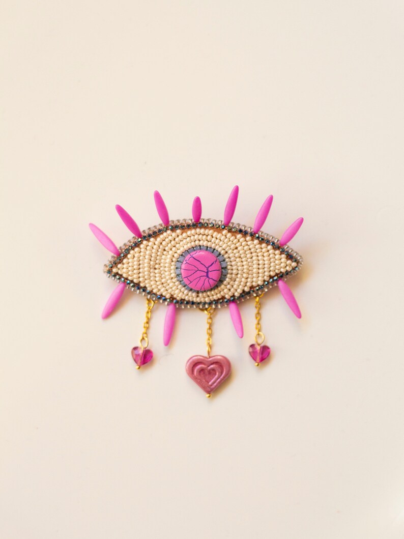 Lover's eye brooch / Pink bead embroidered surrealism jewelry gift / Statement brooch art pin image 4