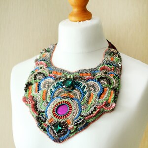 Designer oversized haute couture necklace DECADENTE / Bead embroidered bib necklace wityh silk ribbon image 5