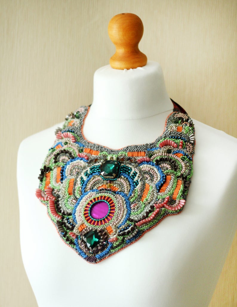 Designer oversized haute couture necklace DECADENTE / Bead embroidered bib necklace wityh silk ribbon image 5