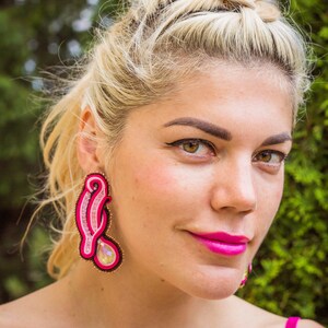 Hot pink earrings soutache / Crystal beach party earrings / Handmade stud long earrings / Unique fuchsia earrings / Large ohrringe soutache image 2