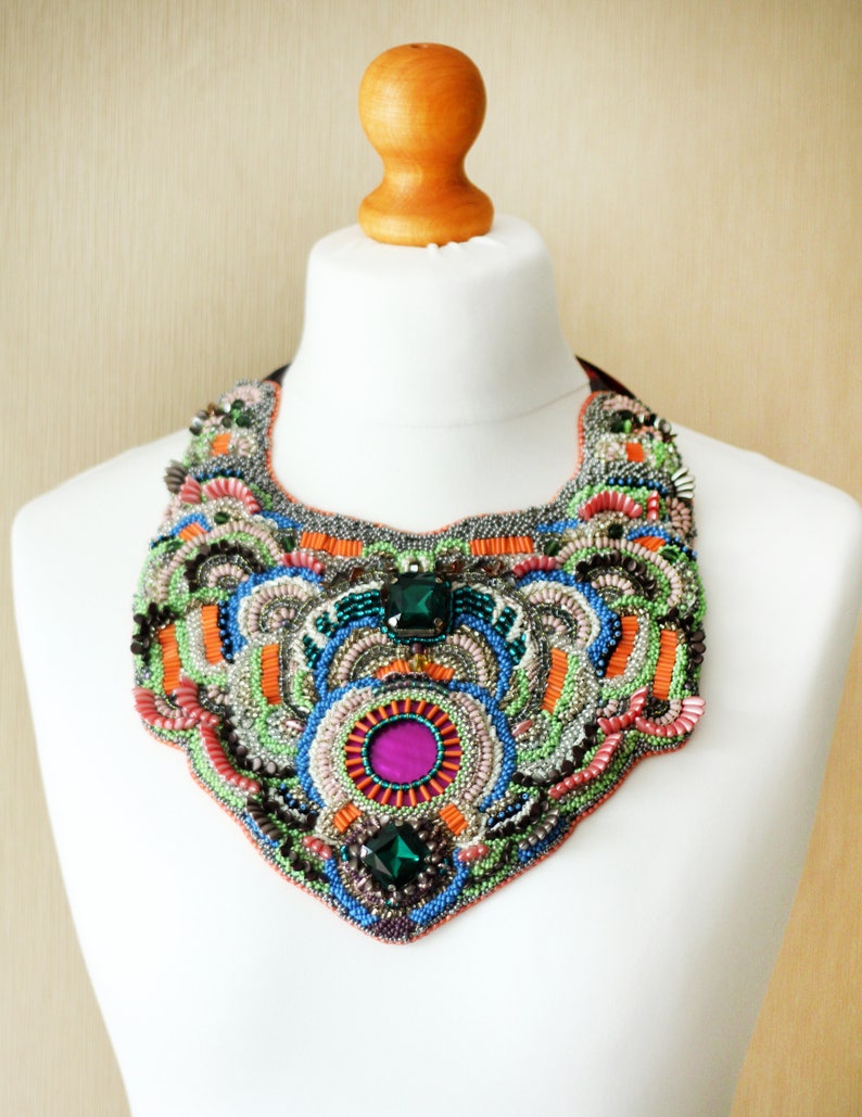 Designer oversized haute couture necklace DECADENTE / Bead embroidered bib necklace wityh silk ribbon image 3