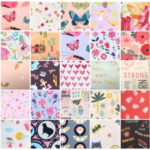 May include: A collage of fabric swatches featuring various patterns. Designs include butterflies, flowers, hearts, eyeglasses, and cartoon characters. Colors range from pinks and blues to greens and reds. Some swatches have text, including "STRONG RN" and "LEARNING TO SERVE".