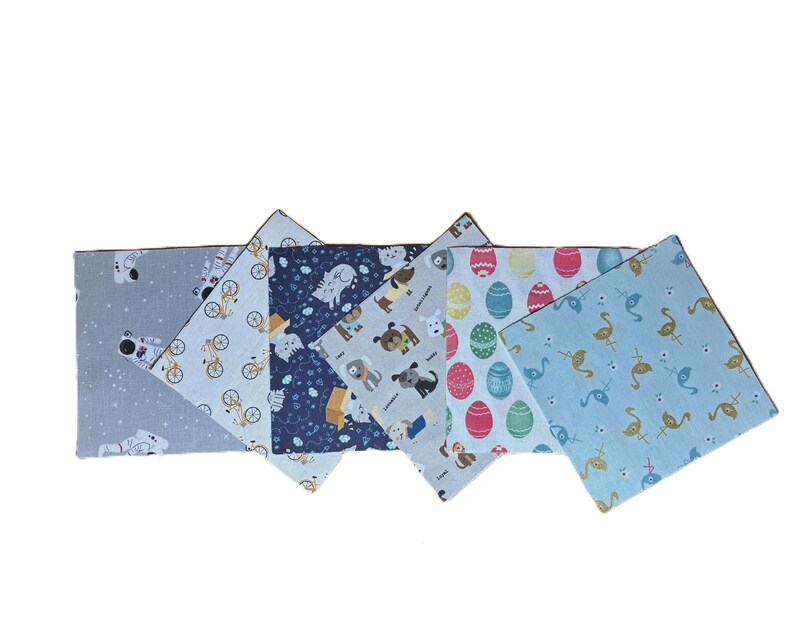 Puede incluir: Un juego de seis servilletas de tela cuadradas con diversos estampados, incluyendo astronautas sobre gris, bicicletas sobre azul claro, gatos sobre azul oscuro, perros sobre gris claro, huevos de Pascua coloridos y flamencos sobre azul.