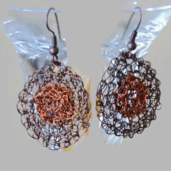 Small copper round earrings, Wire crochet, Dangle earrings, Knitted jewelry fashion, copper wire lace