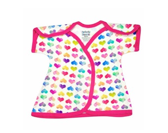 Colorful Hearts Bamboo NICU Dress, NICU-Friendly Preemie Girl Preemie Clothes. Sizes: Micro (1-2.5lbs), Teeny (2-4lbs), and Preemie (3-6lb)