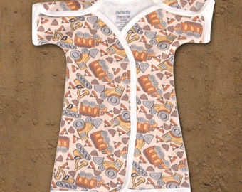 Construction Bamboo NICU Gown—NICU-Friendly Preemie Clothes for Your Preemie. Sizes: Micro, Teeny, Preemie, PICU-Friendly Newborn, and 0-3M.