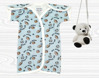 All-Star Bamboo NICU Gown—NICU-Friendly Preemie Clothes for Your Preemie. Sizes: Micro, Teeny, Preemie, PICU-Friendly Newborn, and 0-6M.