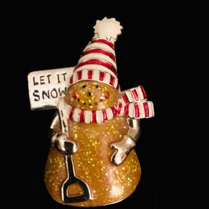 Vintage Snowman Brooch Pin Iridescent Gold  Let It Snow Snowman Red and White Hat and Scarf