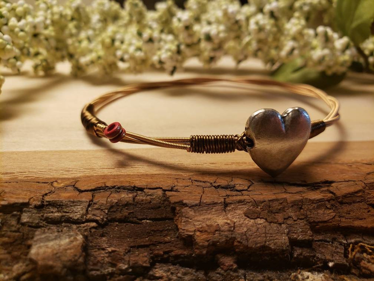 Guitar string bracelet with small silver heart bead/heart Etsy