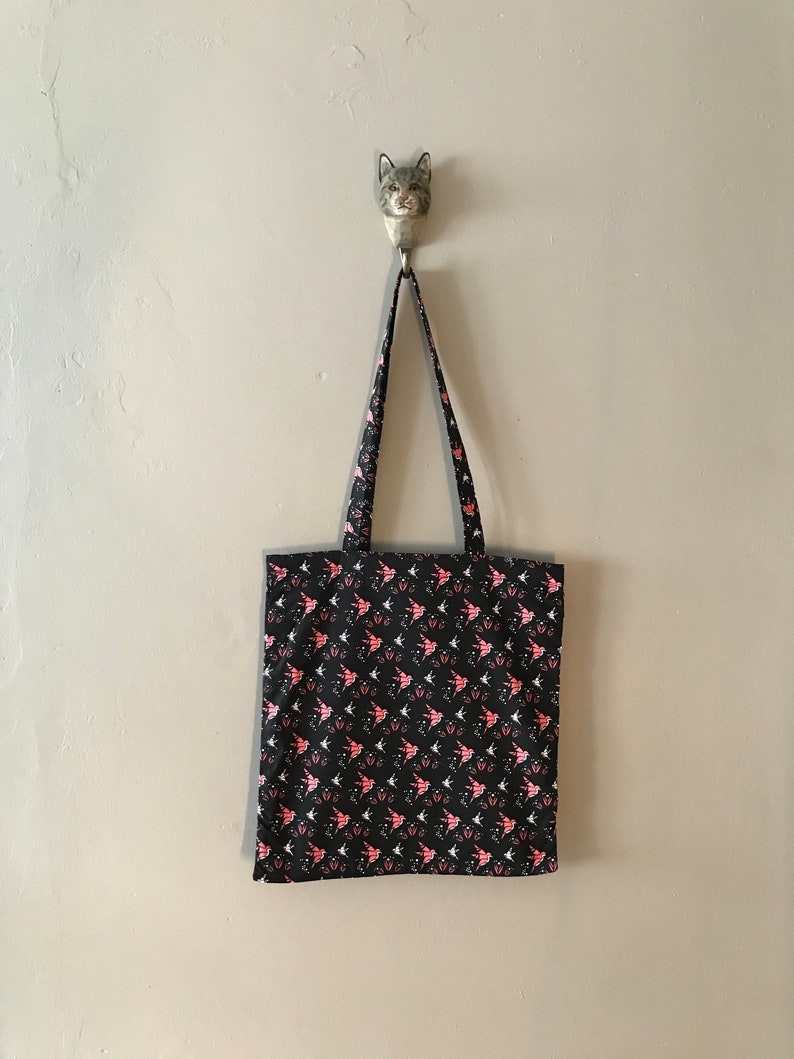 black cotton tote bag with colibri