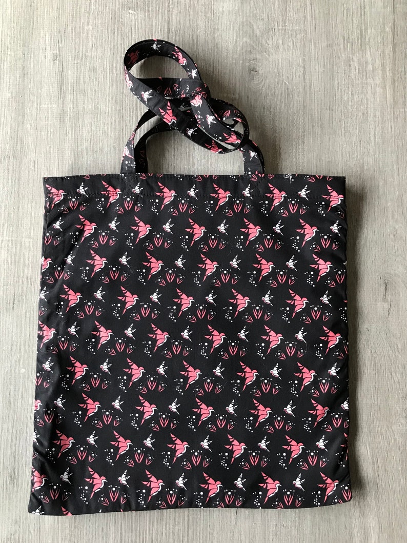 black cotton tote bag with colibri