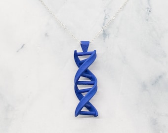 DNA Strand Pendant, 3D Printed Blue Nylon with Sterling Silver Chain