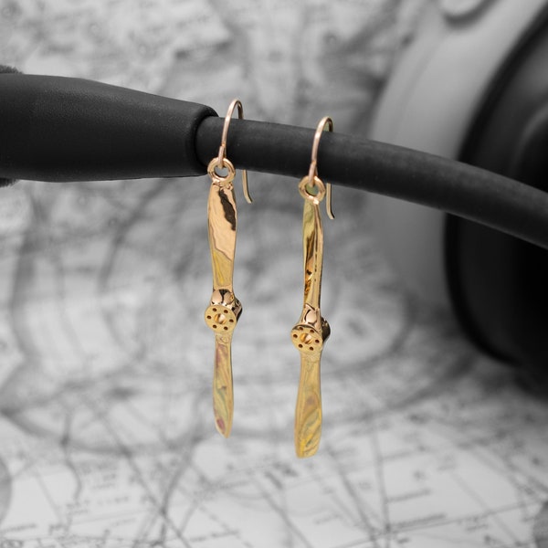 Vintage Propeller Earrings, 3D Printed Metal Aviation Jewelry