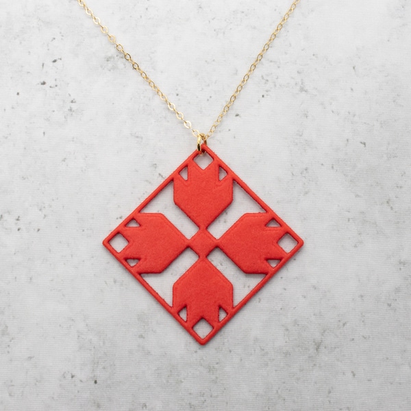 Bear's Paw Quilt Block Pendant, 3D Printed Nylon Jewelry