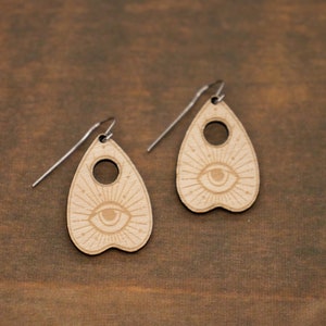 Ouija Earrings, Ouija Board, Ouija Planchette, Birch Wood Laser Cut and Etched Halloween Jewelry, Ouija Board Earrings, Unique Earrings