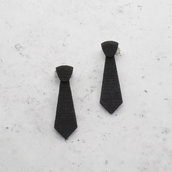 Black Tie Stud Earrings, 3D Printed Jewelry, Miniature Neck Tie, Suit and Tie Dress Up, Formal Earrings, Black Stud Earrings