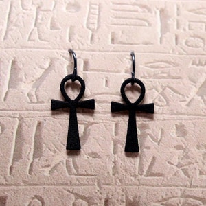 Ankh Cross Earrings, 3D Printed Nylon & Niobium Black Jewelry from Egyptian Hieroglyphics