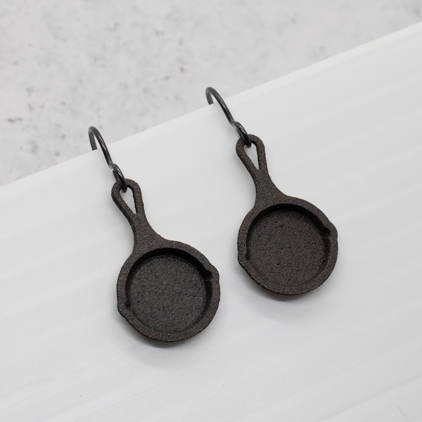 Skillet Earrings, 3D Printed Black Nylon Jewelry, Breakfast Skillet Charm, Cast Iron Pan Earrings, Tiny Skillet, Frying Pan Earrings