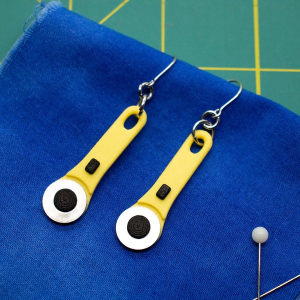 Rotary Cutter Earrings with Spinning Blade, 3D Printed in Nylon Gift for Quilters