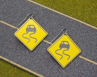 Slippery When Wet Road Sign Earrings: Traffic Sign Laser-Cut & Laser-Etched Acrylic