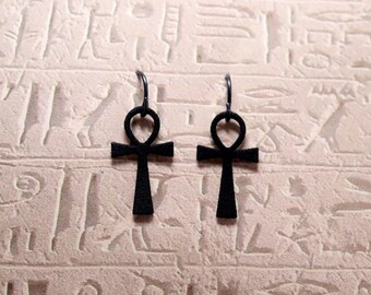 Ankh Cross Earrings, 3D Printed Nylon & Niobium Black Jewelry from Egyptian Hieroglyphics