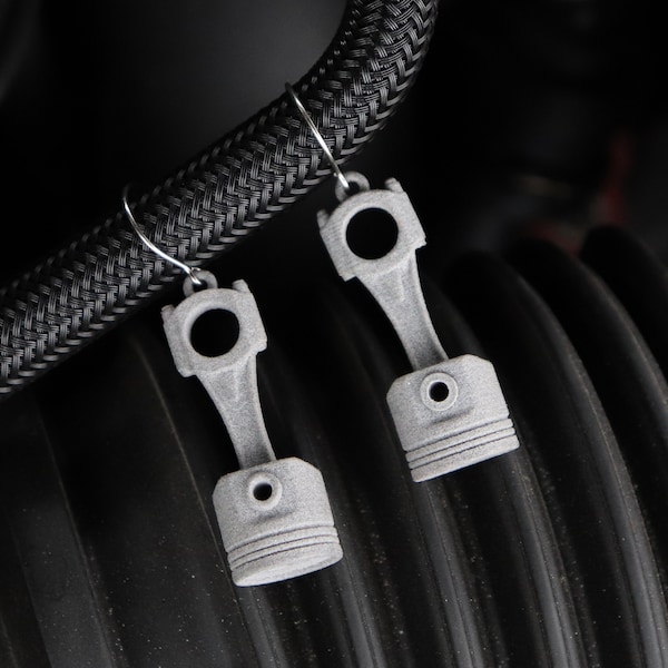 Piston and Connecting Rod Earrings, 3D Printed Nylon Jewelry for Gear Heads