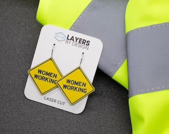 Women Working Earrings, Road Sign Dangle Earrings, Construction Worker Gift, Gift for Female Coworker, Construction Birthday Party