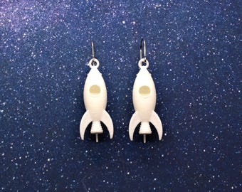 Retro Rocket Earrings: 3D Printed White Nylon Spaceship Earrings
