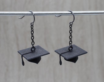 Mortar Board Graduation Cap Earrings, 3D Printed Black Jewelry