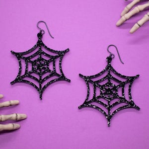 Spider Web Statement Earrings, Spooky Season Glitter Earrings, Gothic Earrings, Large Dangle Earring for Halloween Party, Halloween Spider