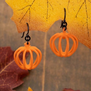 Wireframe Pumpkin Earrings, 3D Printed Harvest Fall Jewelry image 1