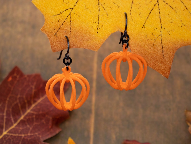 Wireframe Pumpkin Earrings, 3D Printed Harvest Fall Jewelry image 1
