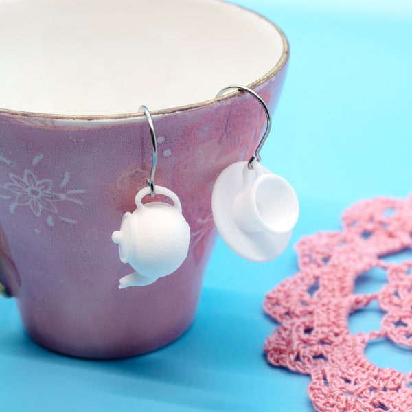 Teacup and Saucer, Teapot Earrings, 3D Printed Nylon, White Earrings for Teatime, Teatime Brunch Earrings, Mad Hatter Gift, Tea Time