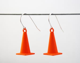 Traffic Cone Earrings, 3D Printed Orange Construction Cones