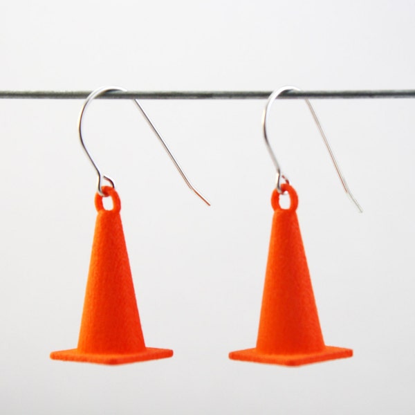 Traffic Cone Earrings, 3D Printed Orange Construction Cones