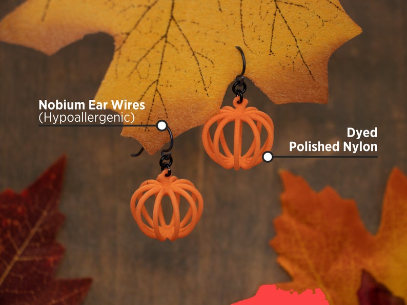 Wireframe Pumpkin Earrings, 3D Printed Harvest Fall Jewelry image 2