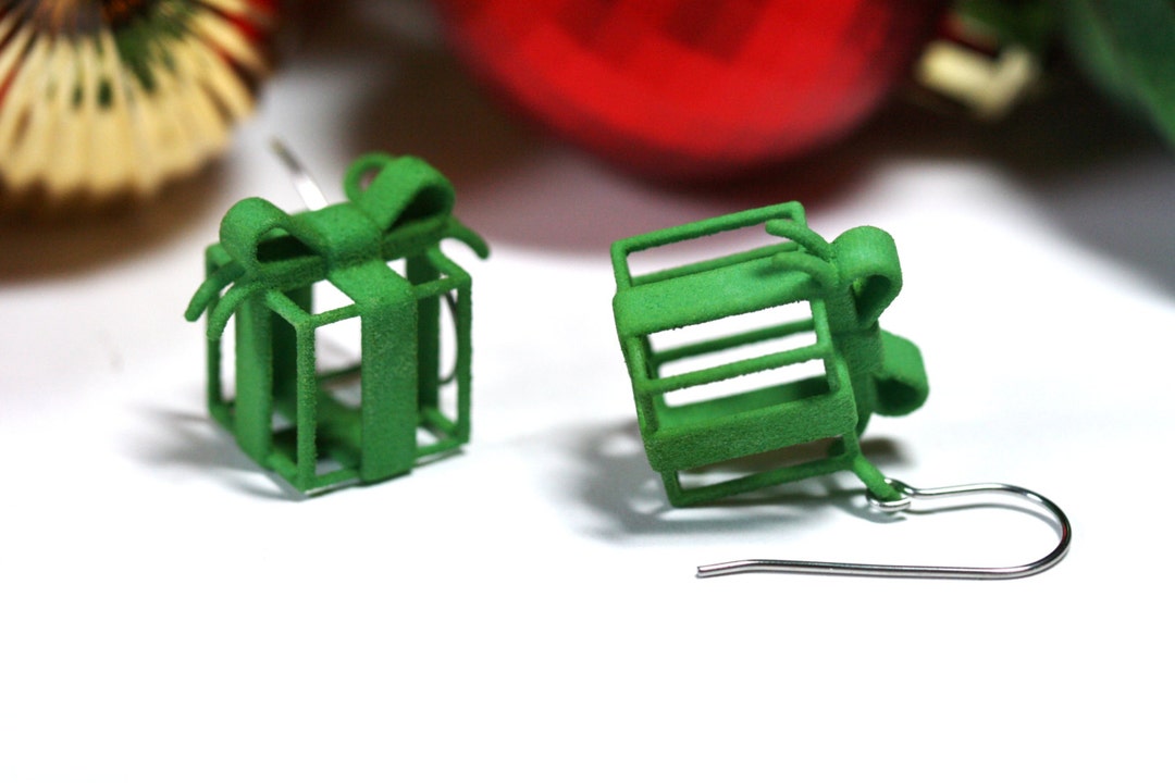 3D Present Earrings, 3D Printed Christmas Gift Jewelry for Holiday